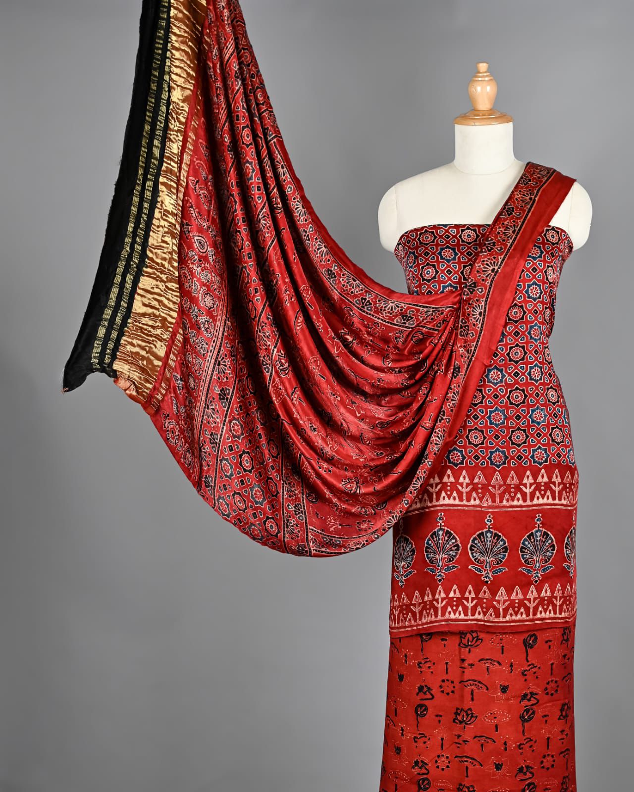Red Ajrakh Hand Block Printed Pure Modal Silk Unstitched Suit