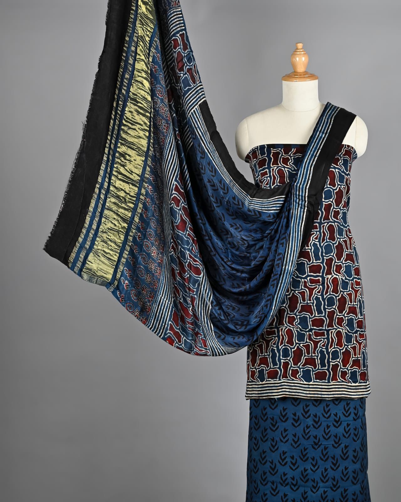Multicolor Ajrakh Hand Block Printed Pure Modal Silk Unstitched Suit