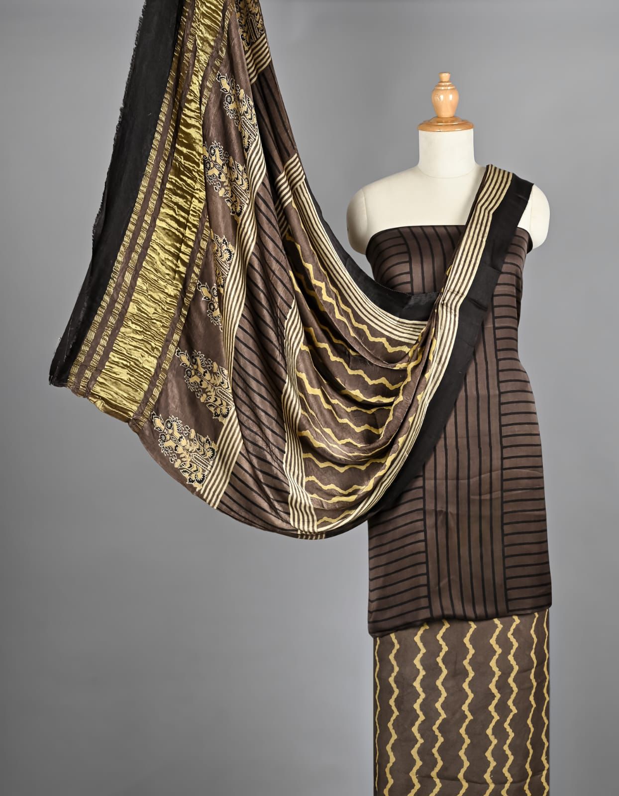 Coffee Brown Ajrakh Hand Block Printed Pure Modal Silk Unstitched Suit