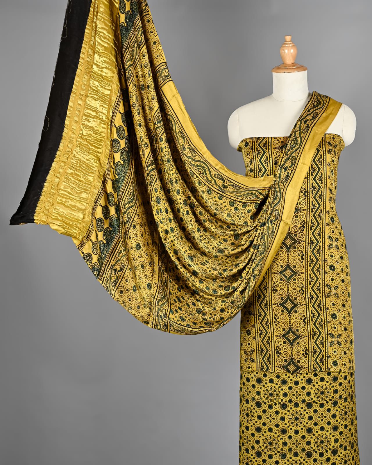 Golden Yellow Ajrakh Hand Block Printed Pure Modal Silk Unstitched Suit