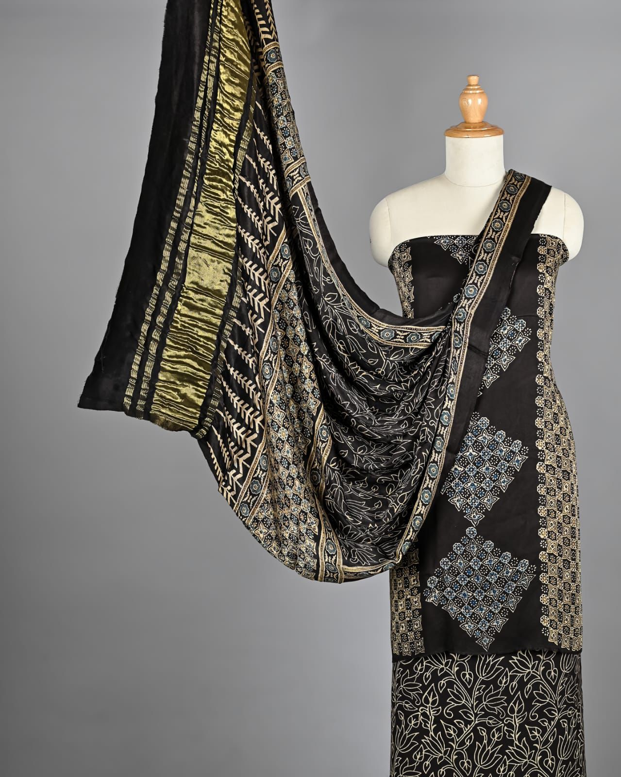 Charcoal Black Ajrakh Hand Block Printed Pure Modal Silk Unstitched Suit