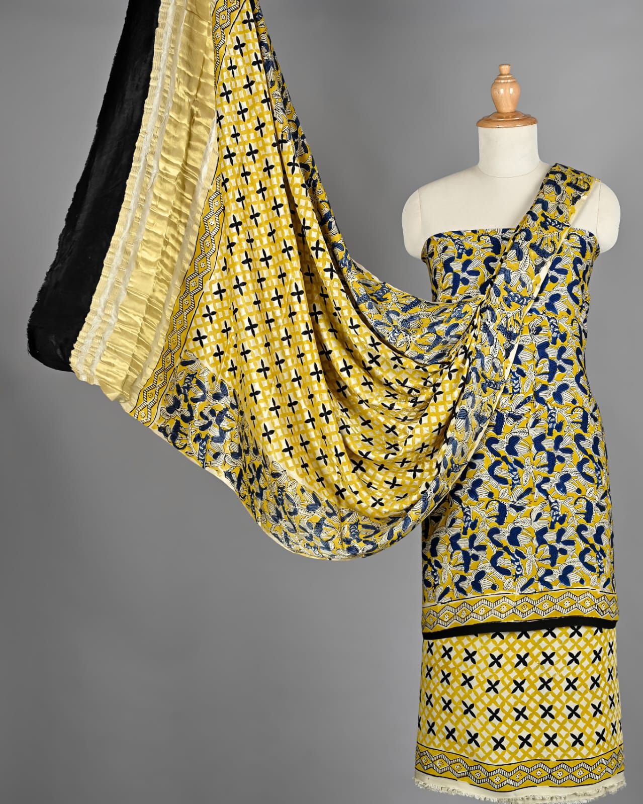 Lemon Yellow & Indigo Ajrakh Hand Block Printed Pure Modal Silk Unstitched Suit