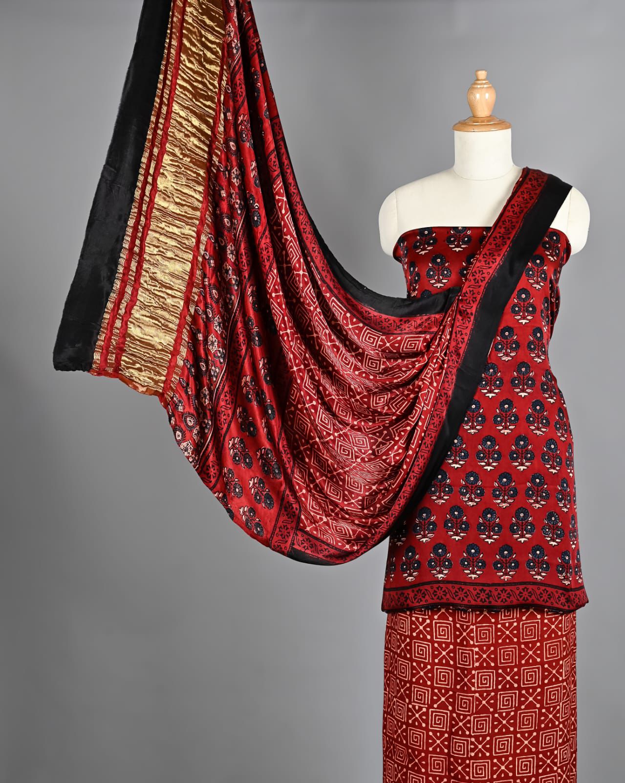 Crimson Red Ajrakh Hand Block Printed Pure Modal Silk Unstitched Suit