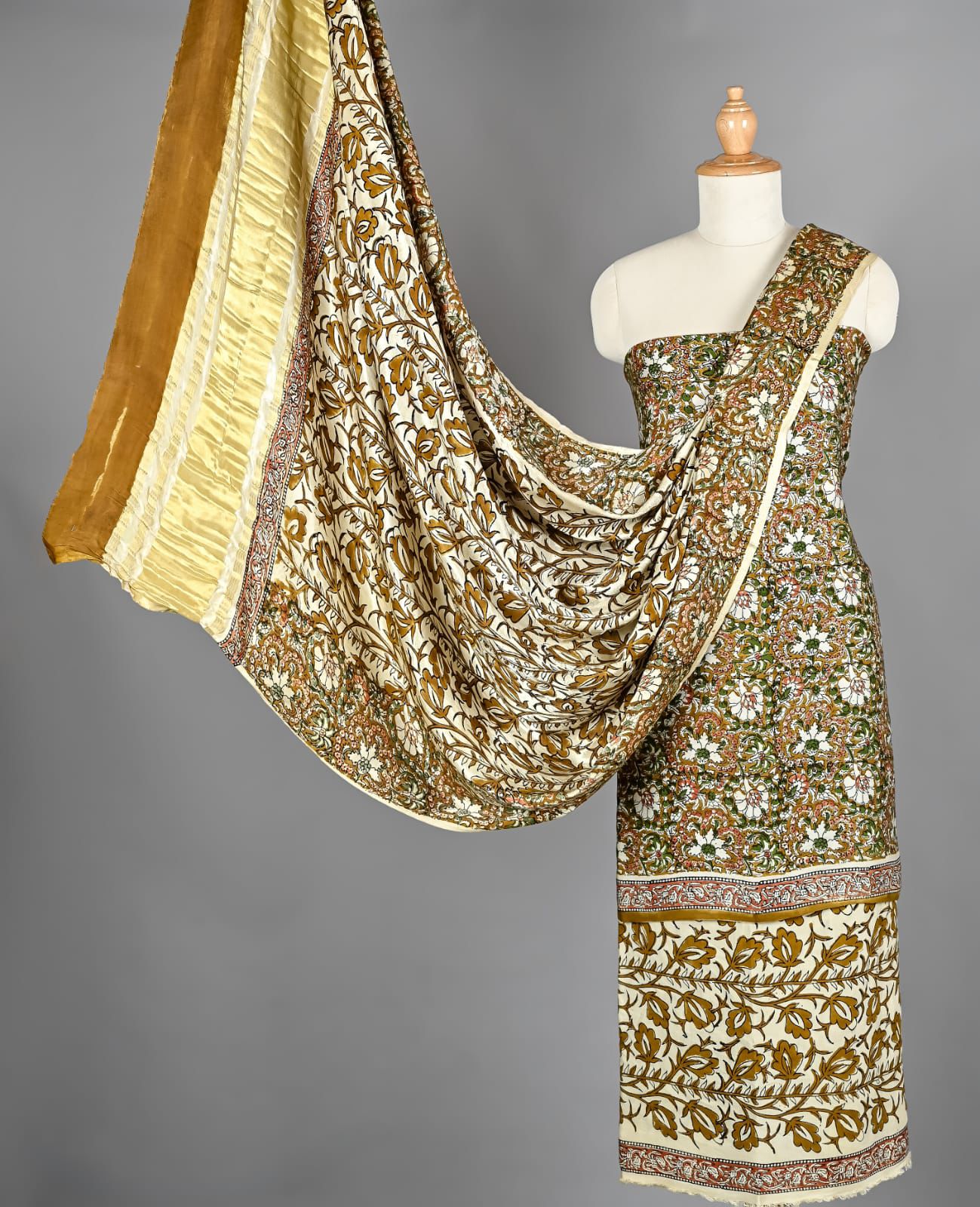 Olive Green & Cream Hand Block Printed Pure Modal Silk Unstitched Suit