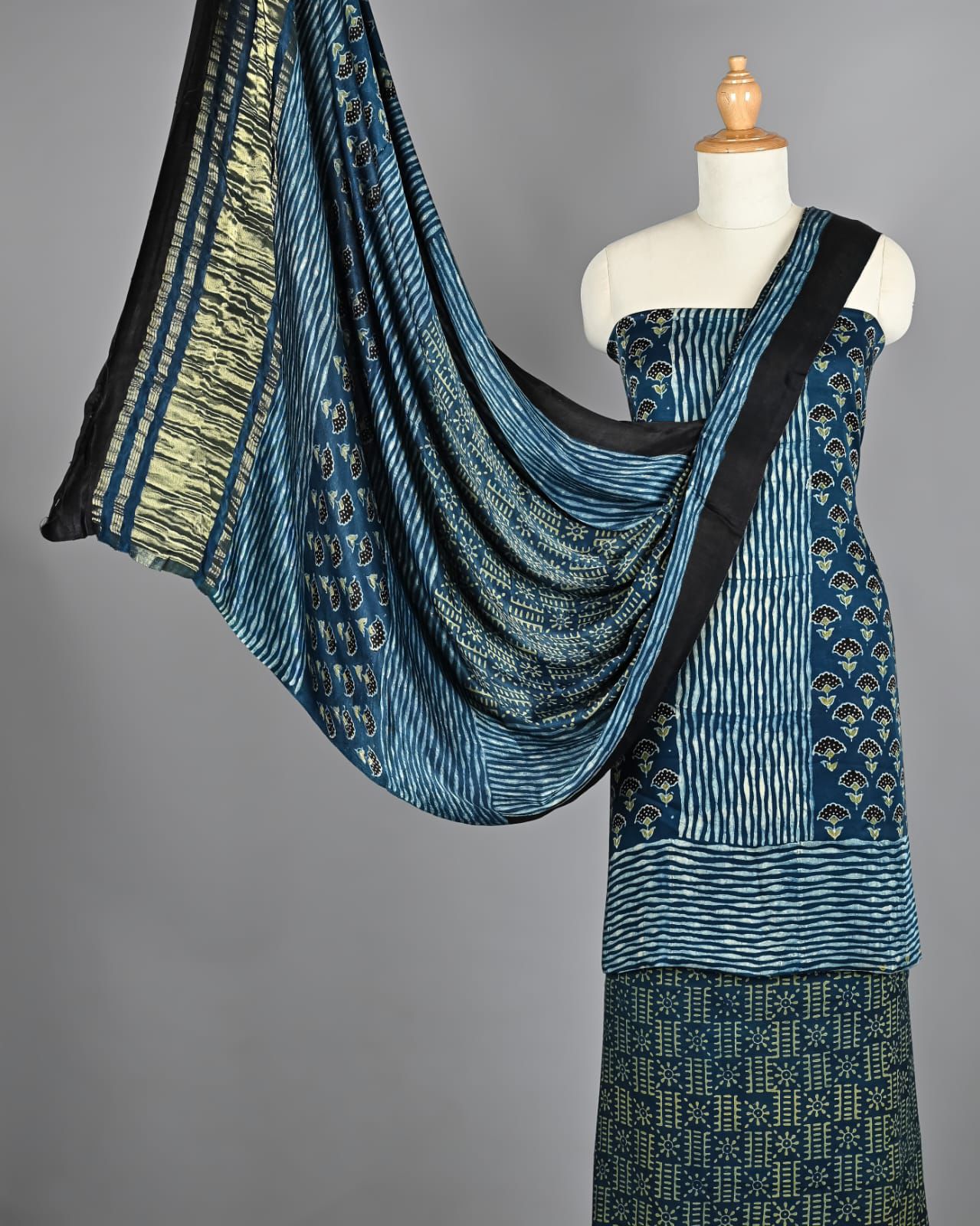 Indigo Blue & Teal Ajrakh Hand Block Printed Pure Modal Silk Unstitched Suit