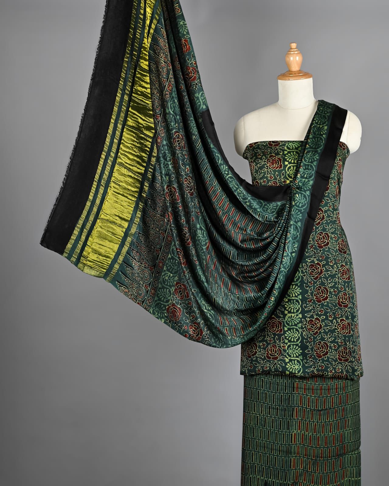 Emerald Green & Maroon Ajrakh Hand Block Printed Pure Modal Silk Unstitched Suit