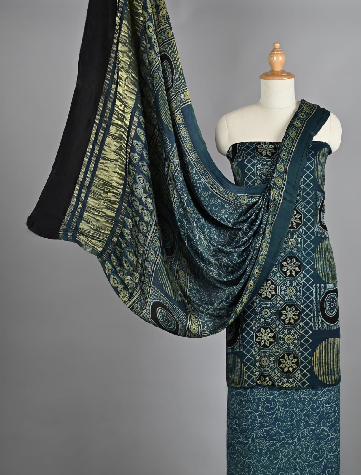 Indigo Blue Ajrakh Hand Block Printed Pure Modal Silk Unstitched Suit