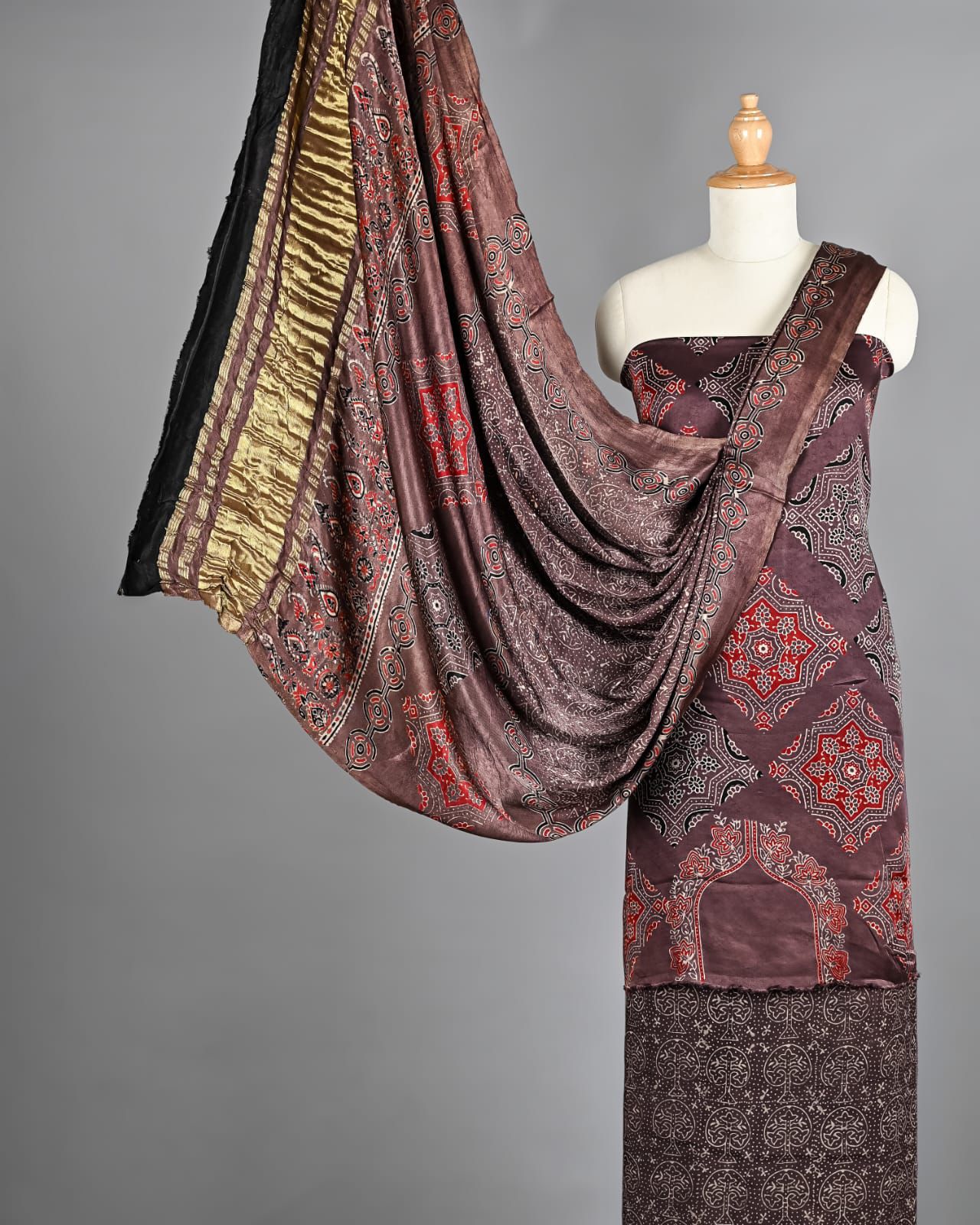 Onion Pink & Maroon Ajrakh Hand Block Printed Pure Modal Silk Unstitched Suit