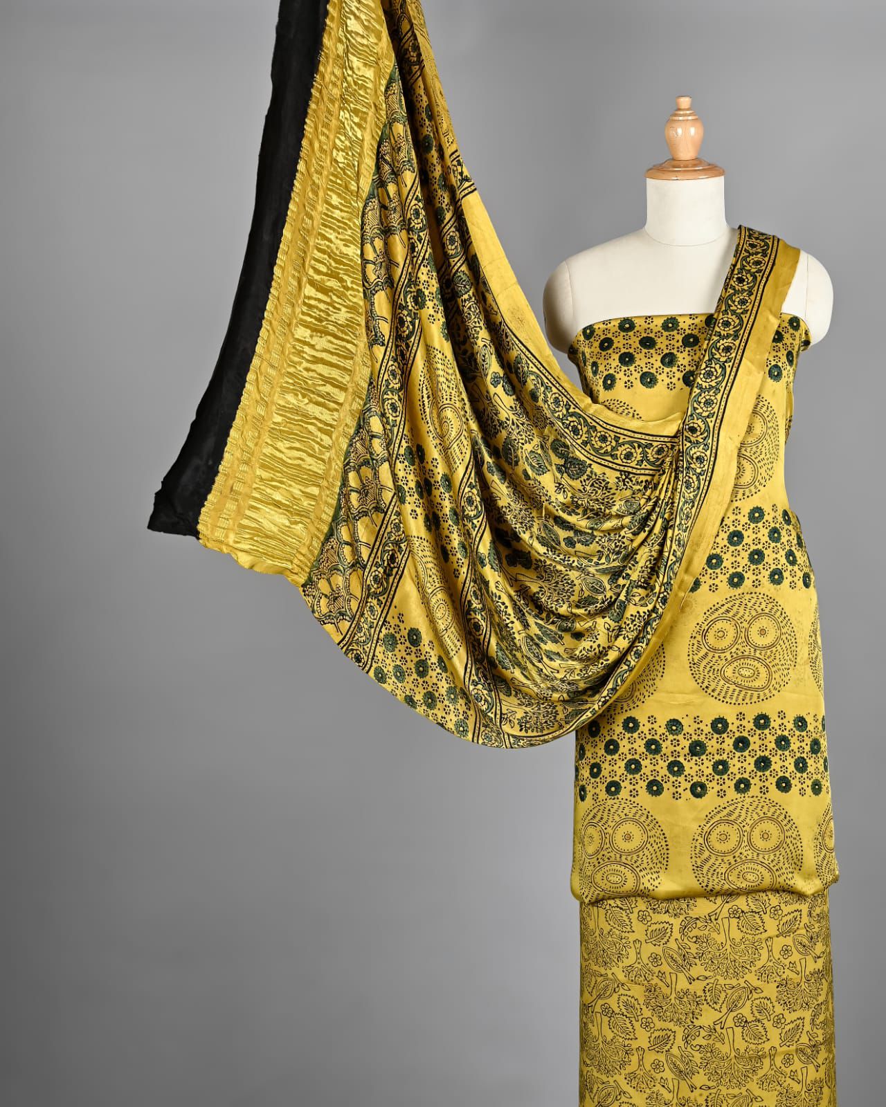Mustard Yellow & Bottle Green Ajrakh Hand Block Printed Pure Modal Silk Unstitched Suit