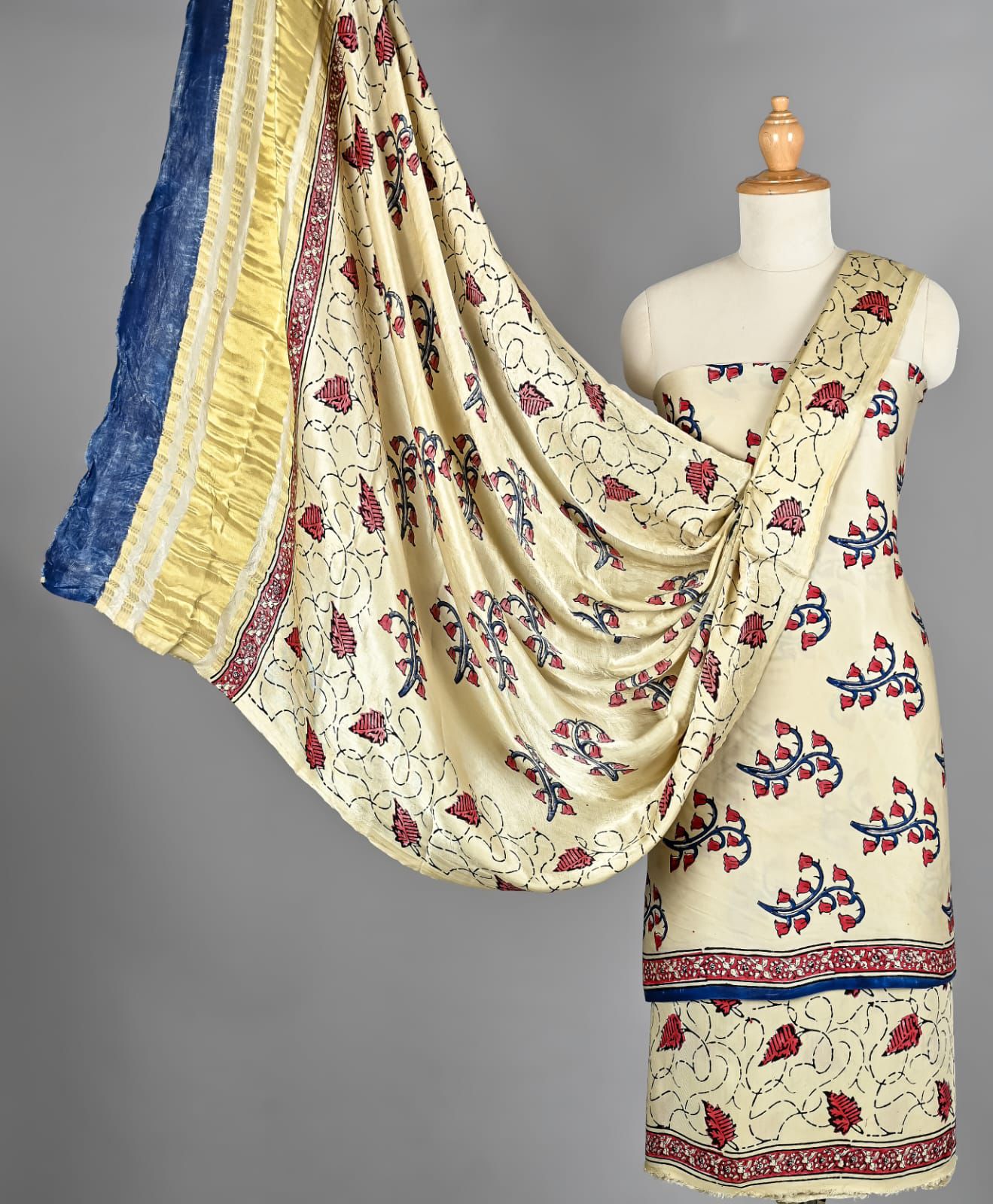 Cream & Indigo Floral Hand Block Printed Pure Modal Silk Unstitched Suit