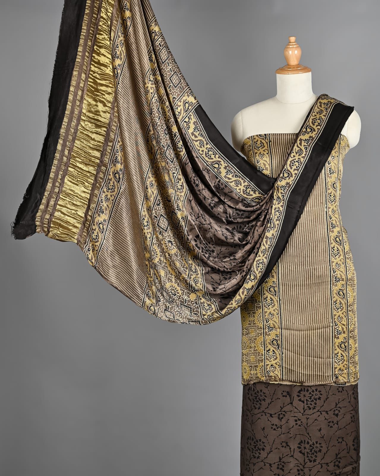 Coffee Brown & Ochre Ajrakh Hand Block Printed Pure Modal Silk Unstitched Suit