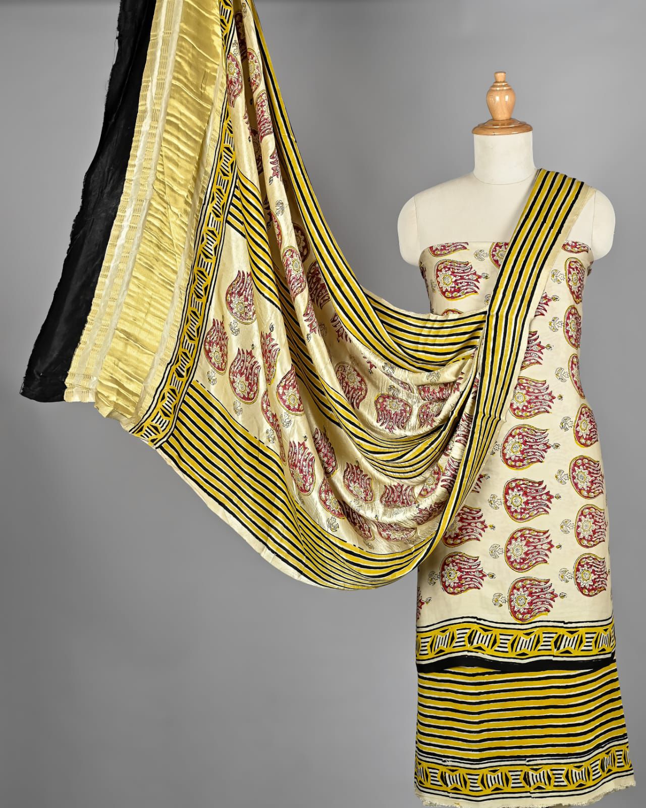 Cream & Yellow Tulip Motif Hand Block Printed Pure Modal Silk Unstitched Suit