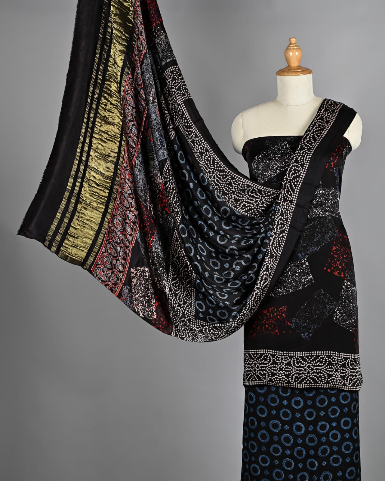 Jet Black & Indigo Ajrakh Hand Block Printed Pure Modal Silk Unstitched Suit