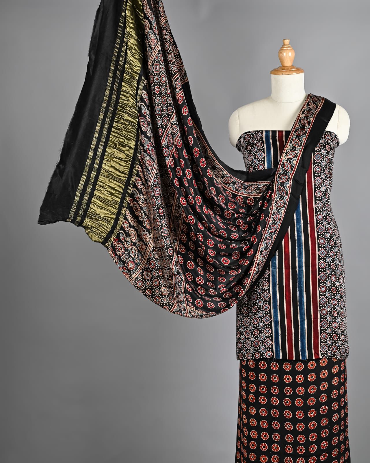 Black & Maroon Stripe Ajrakh Hand Block Printed Pure Modal Silk Unstitched Suit