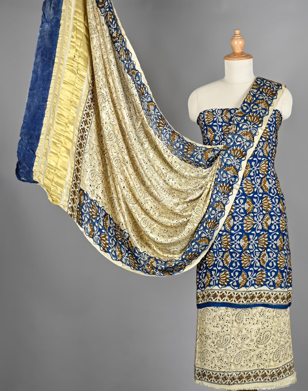 Royal Blue & Cream Hand Block Printed Pure Modal Silk Unstitched Suit