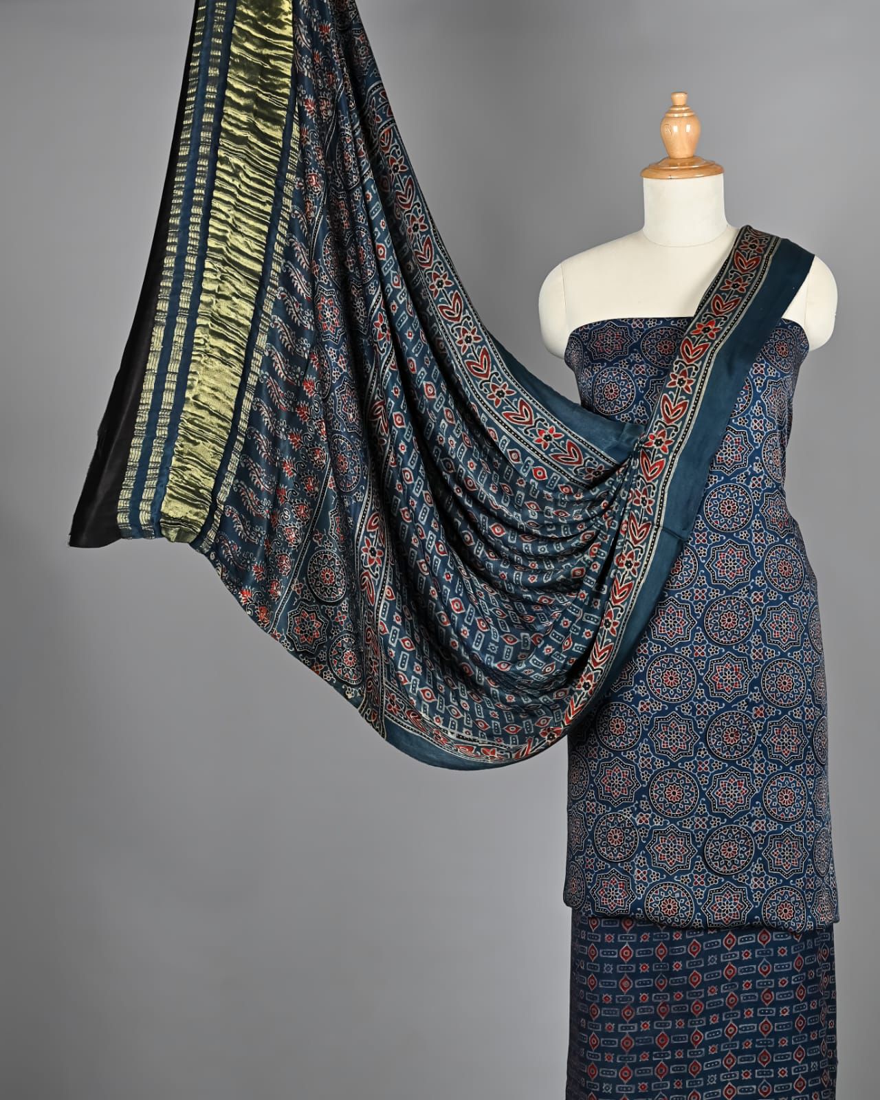 Navy Blue Ajrakh Hand Block Printed Pure Modal Silk Unstitched Suit
