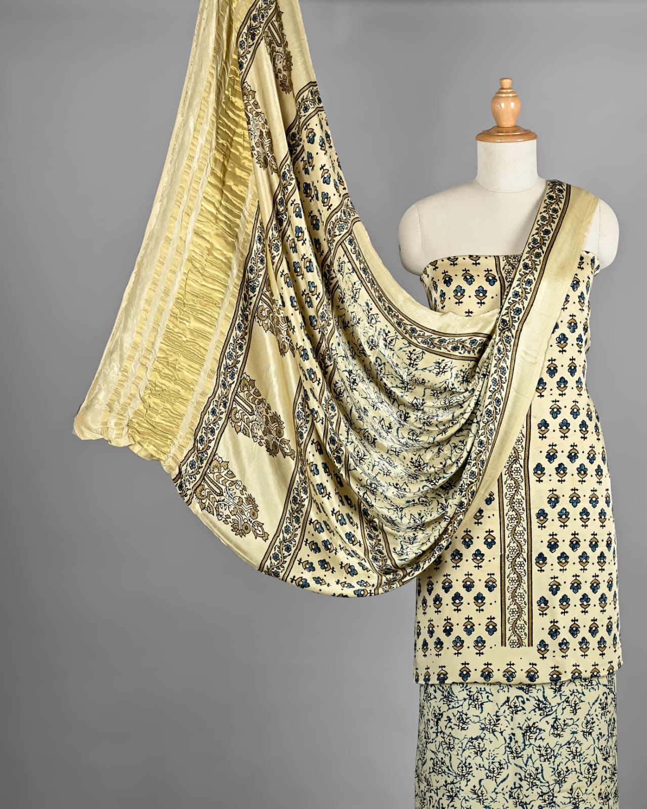 Cream & Beige Hand Block Printed Pure Modal Silk Unstitched Suit