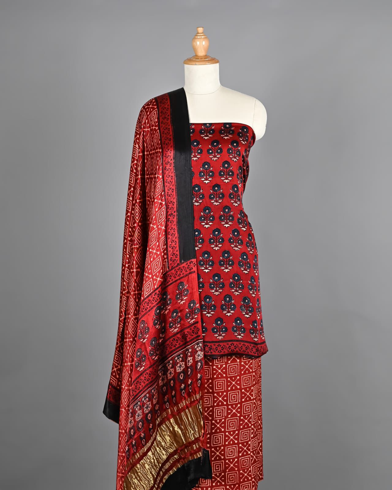 Maroon Red Ajrakh Hand Block Printed Pure Modal Silk Unstitched Suit