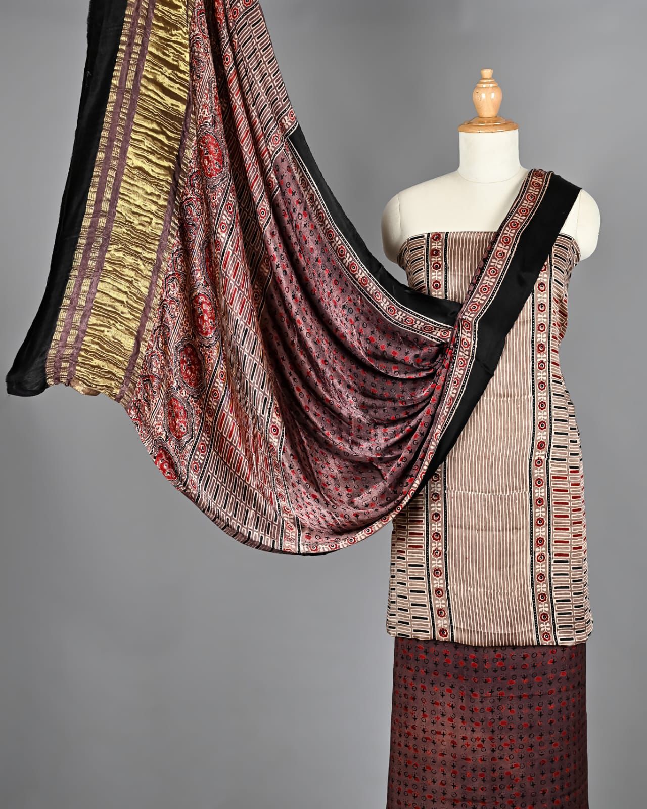 Beige & Maroon Ajrakh Hand Block Printed Pure Modal Silk Unstitched Suit
