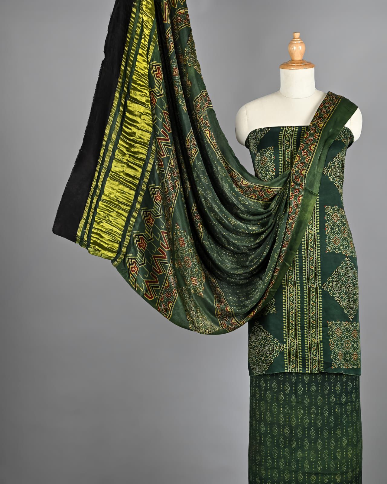 Bottle Green Ajrakh Hand Block Printed Pure Modal Silk Unstitched Suit