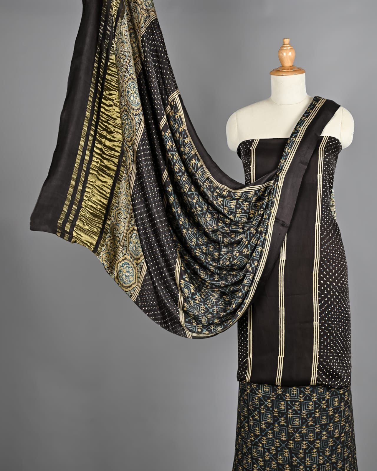 Jet Black Ajrakh Hand Block Printed Pure Modal Silk Unstitched Suit