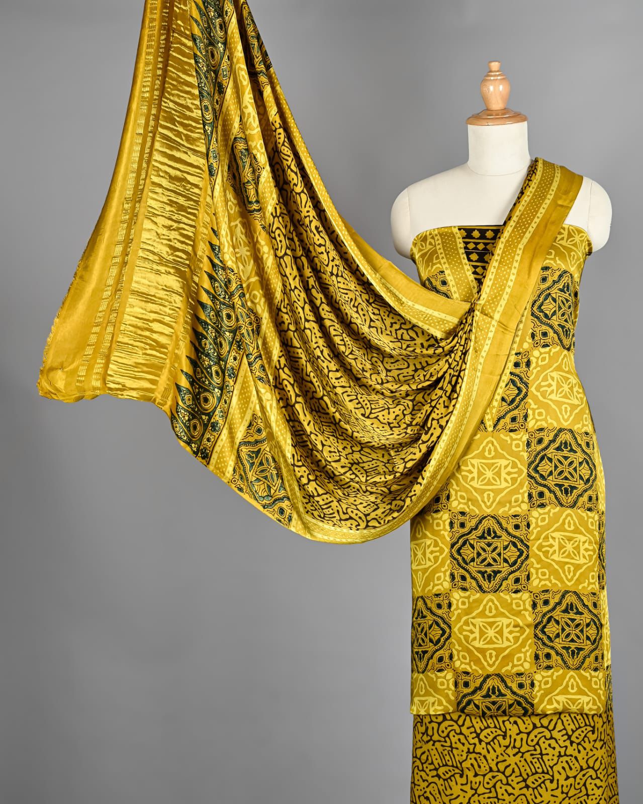 Mustard Yellow Ajrakh Hand Block Printed Pure Modal Silk Unstitched Suit