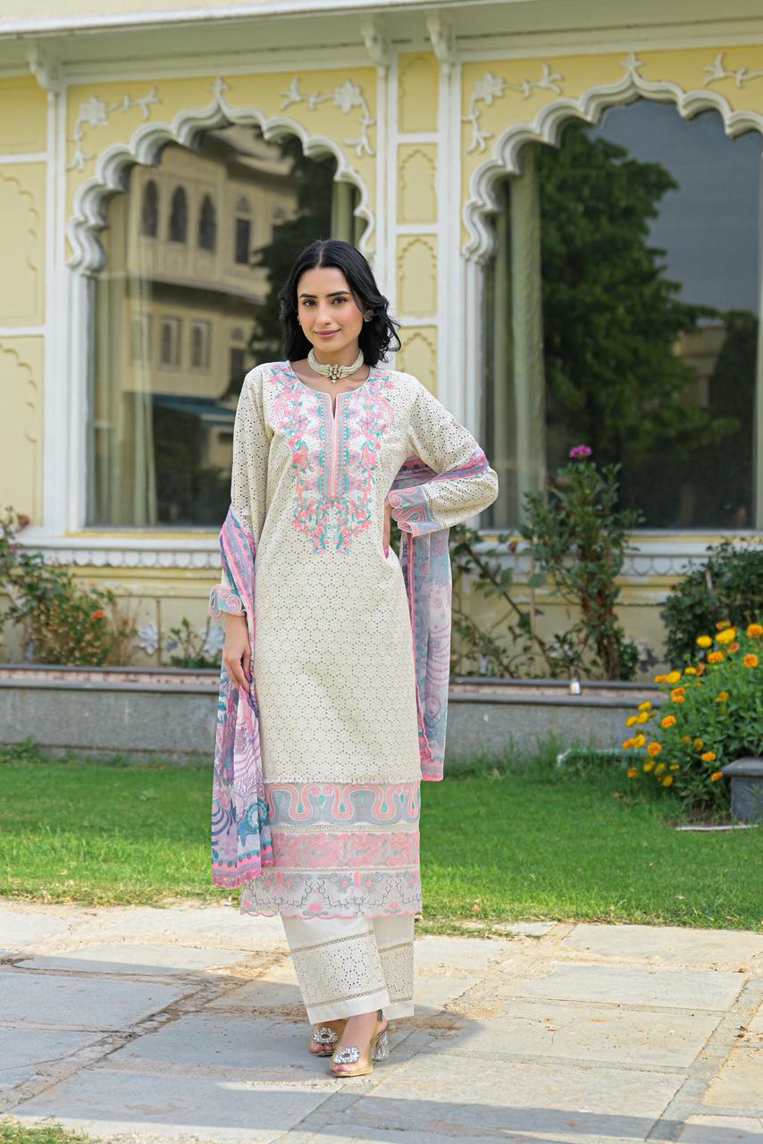 COTTON SCHIFFLI KURTI SET