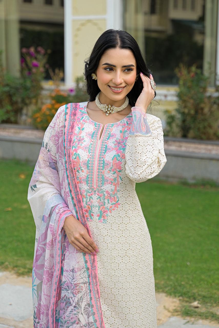 COTTON SCHIFFLI KURTI SET