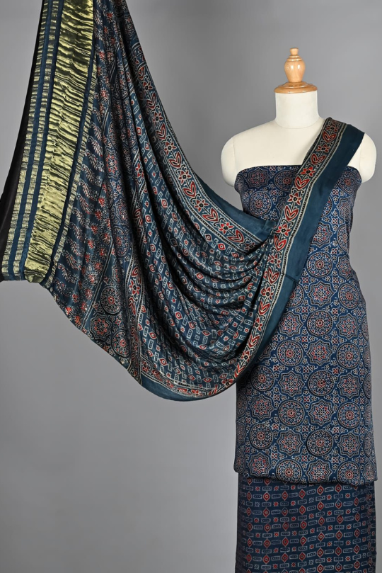 Navy Blue Ajrakh Hand Block Printed Pure Modal Silk Unstitched Suit