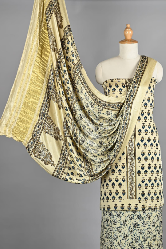 Cream & Beige Hand Block Printed Pure Modal Silk Unstitched Suit
