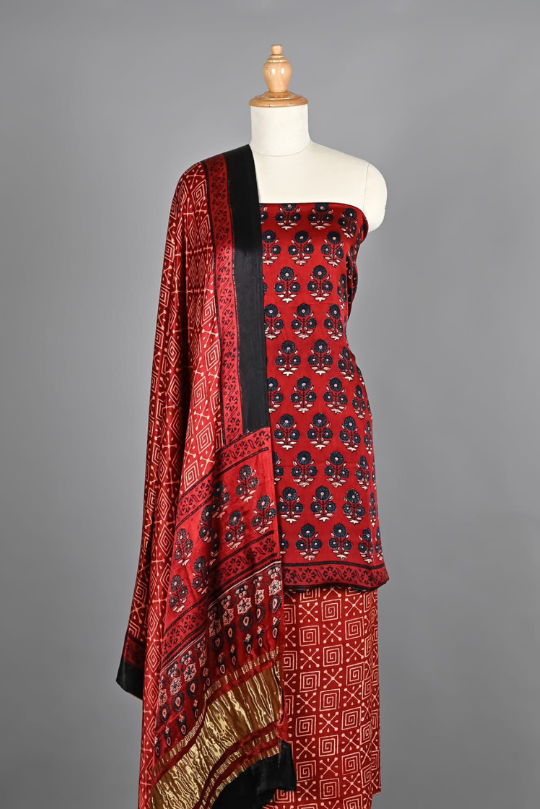 Maroon Red Ajrakh Hand Block Printed Pure Modal Silk Unstitched Suit