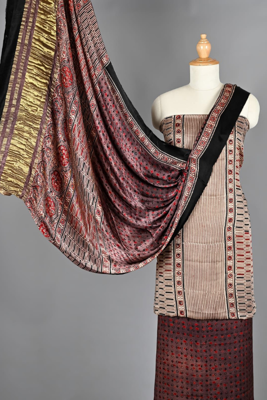 Beige & Maroon Ajrakh Hand Block Printed Pure Modal Silk Unstitched Suit