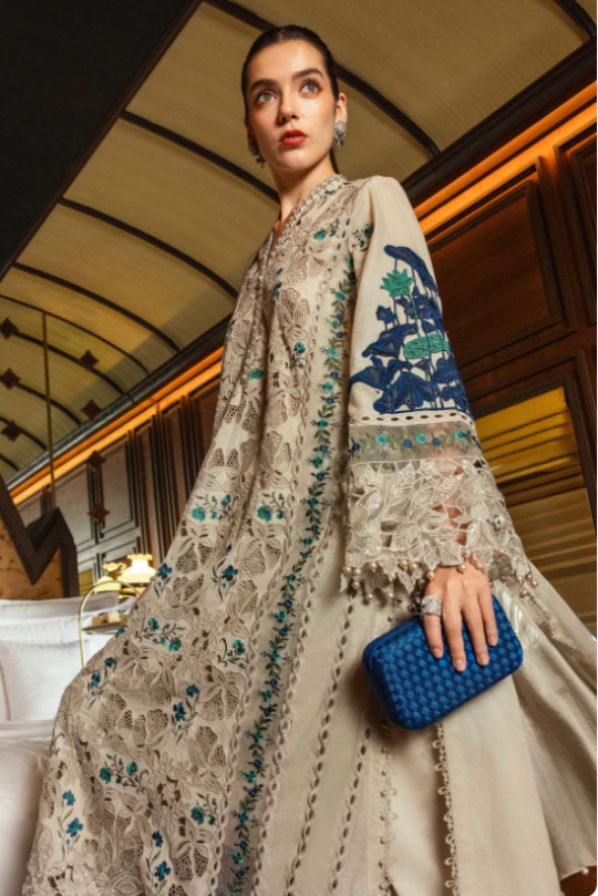 Maria B Lawn Vol Beige Floral Embroidered Lawn Dress