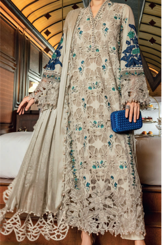 Maria B Lawn Vol Beige Floral Embroidered Lawn Dress